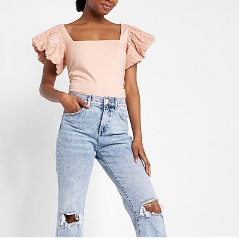 Express square neck eyelet puff sleeve tie back crop top peach light pink - Picture 5 of 12